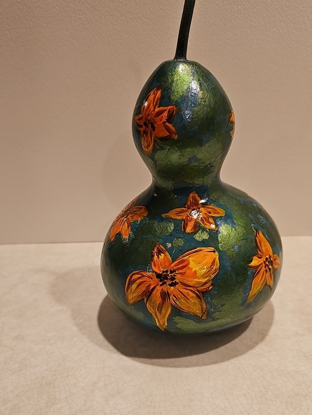 Hand-Painted Green Gourd Accent with Orange Floral Design